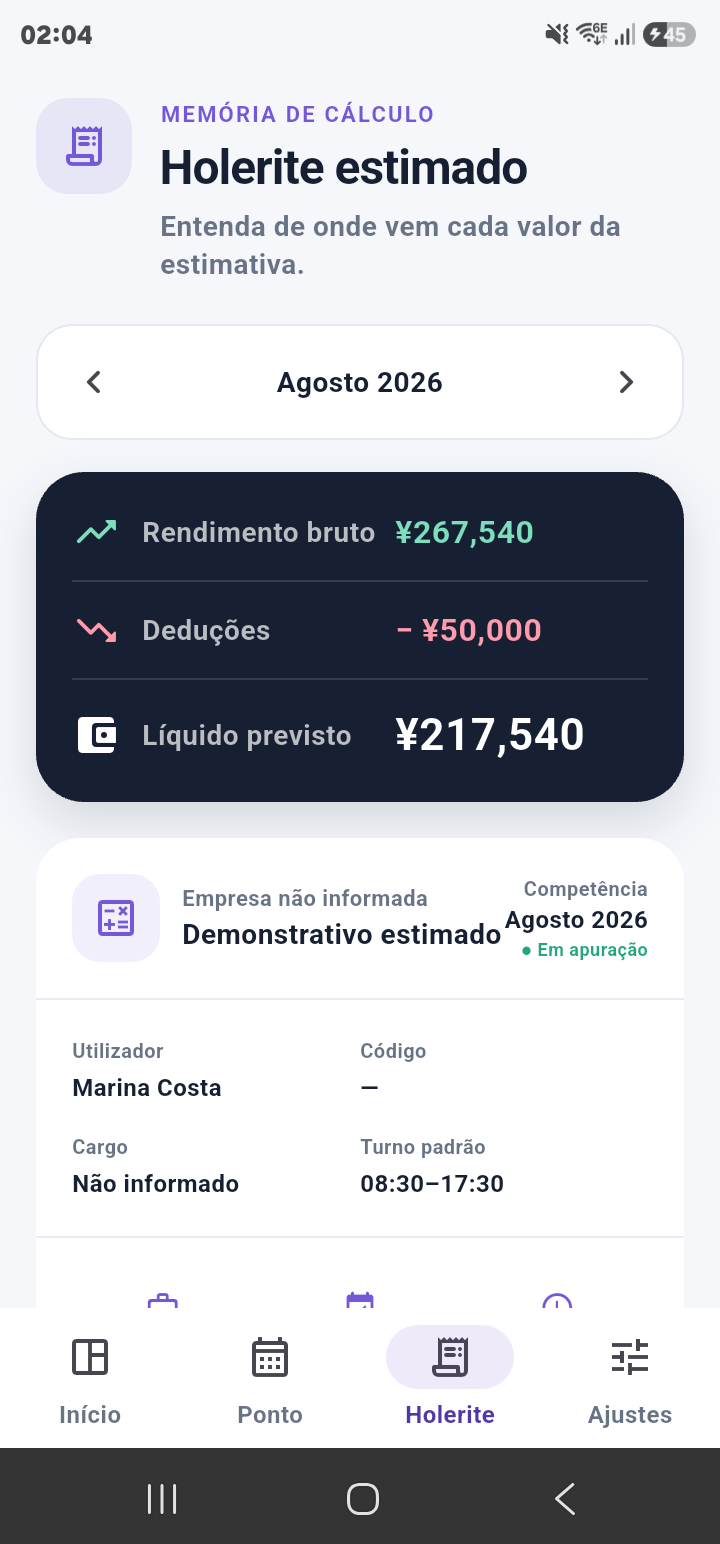 Holerite estimado com valores bruto, deduções e líquido