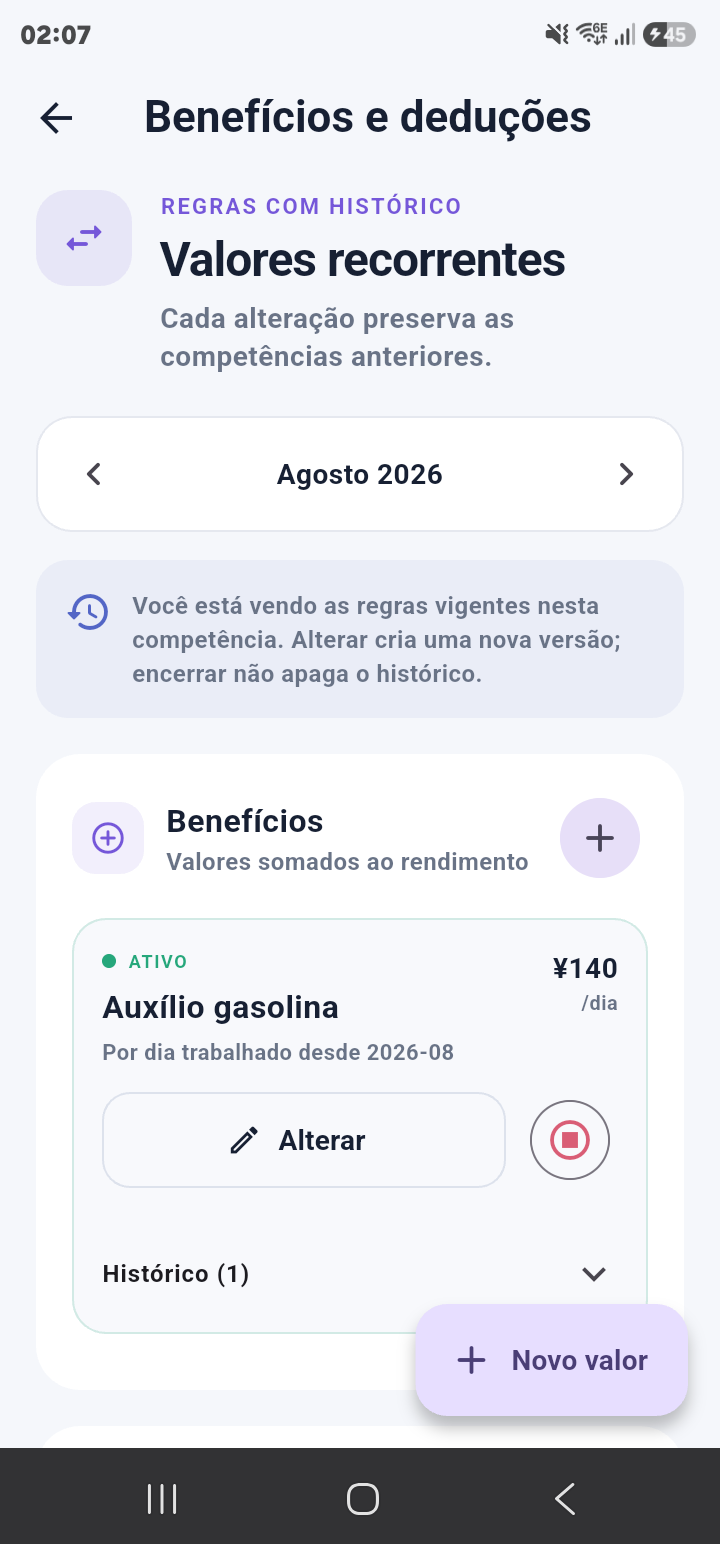 Tela de benefícios com histórico por competência