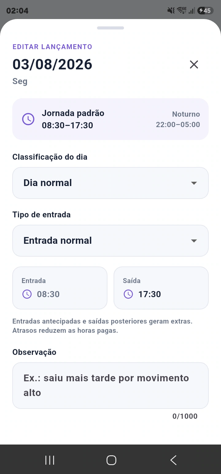 Formulário de edição de um lançamento diário