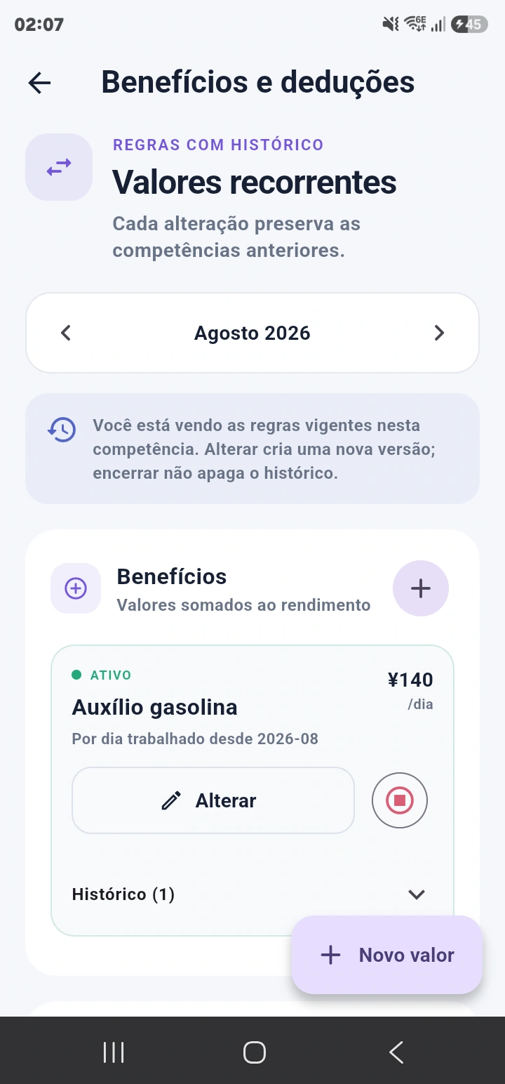Tela de benefícios com histórico por competência