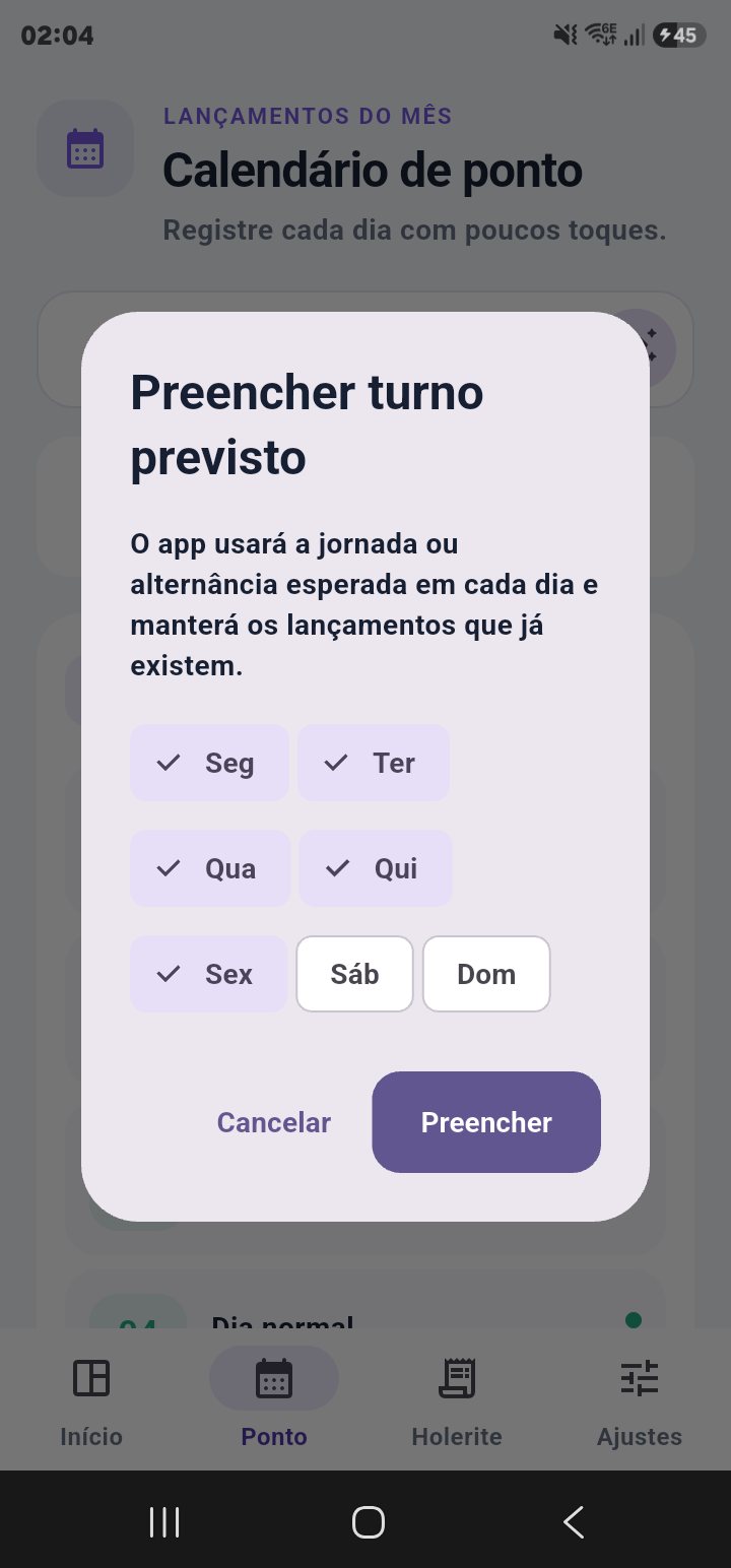 Janela de preenchimento automático da jornada prevista
