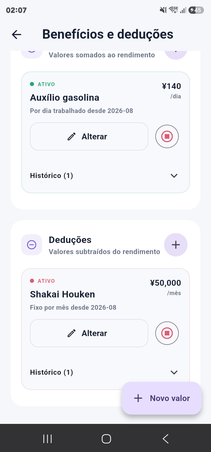 Benefício e dedução ativos com acesso ao histórico