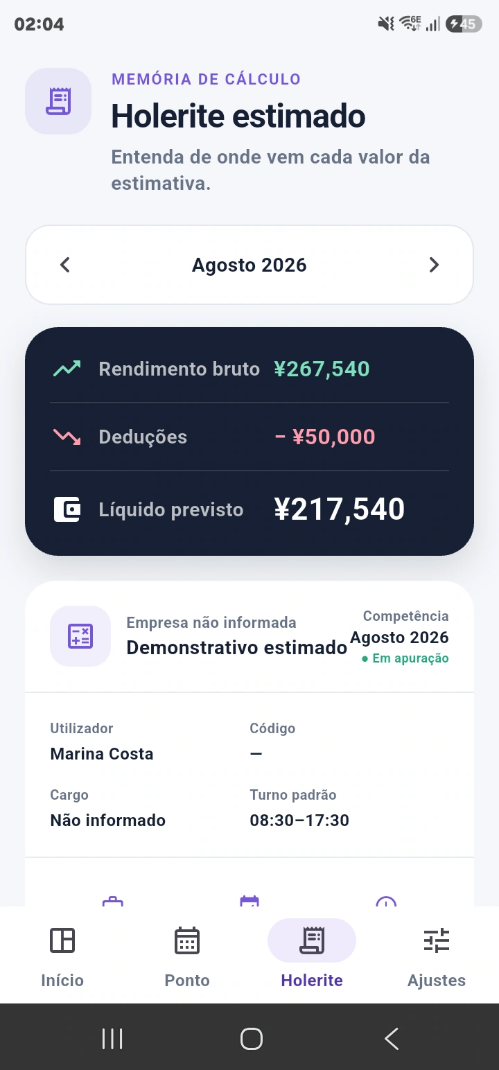 Holerite estimado com valores bruto, deduções e líquido