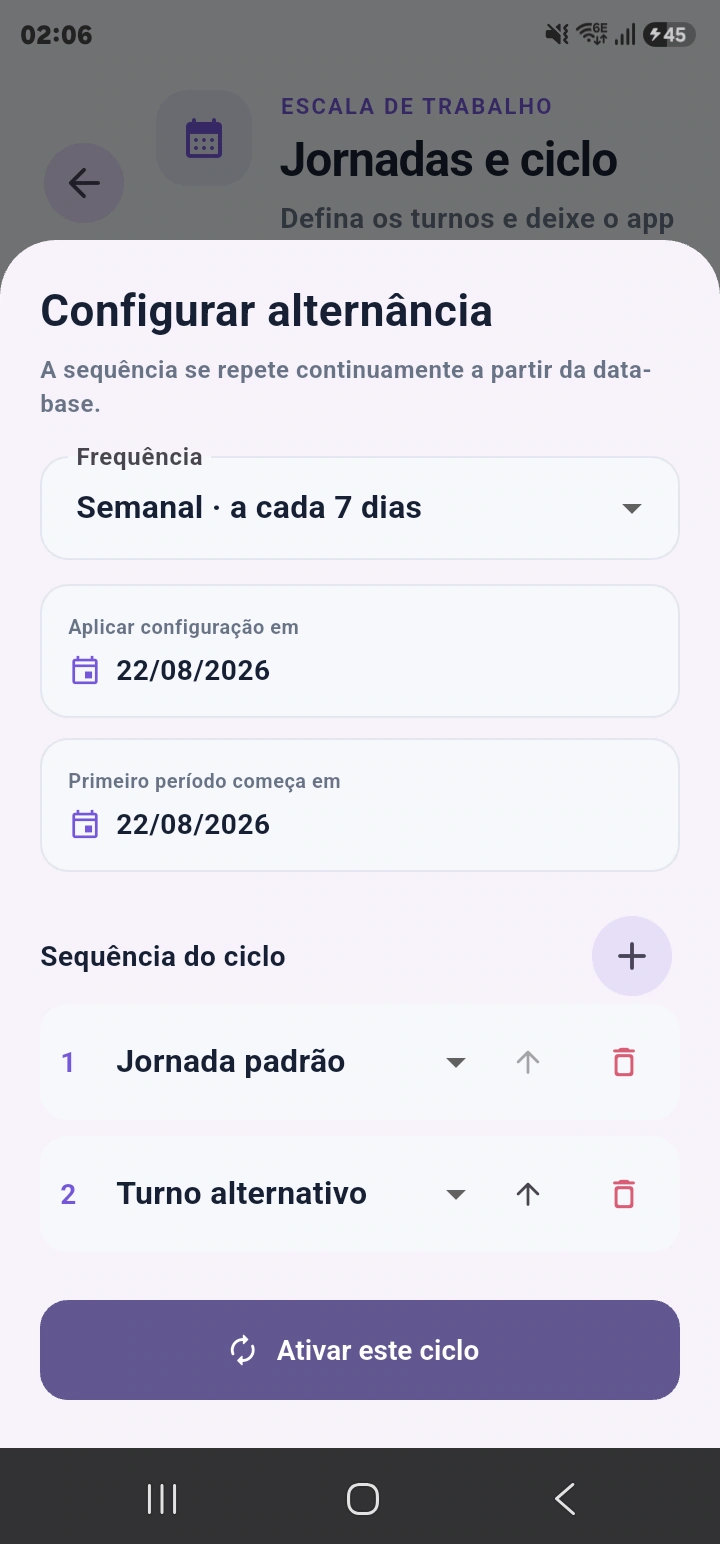 Configuração de um ciclo semanal com duas jornadas