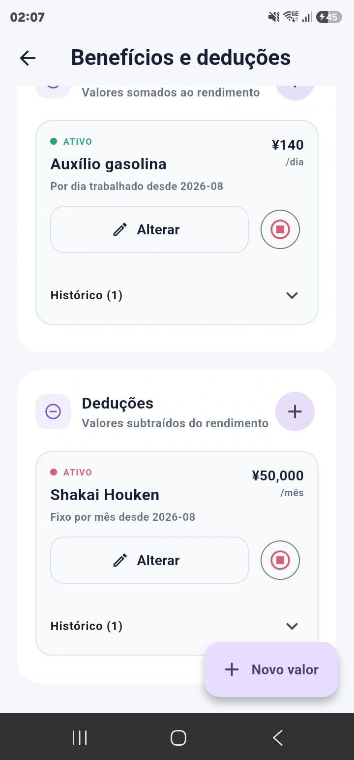 Benefício e dedução ativos com acesso ao histórico